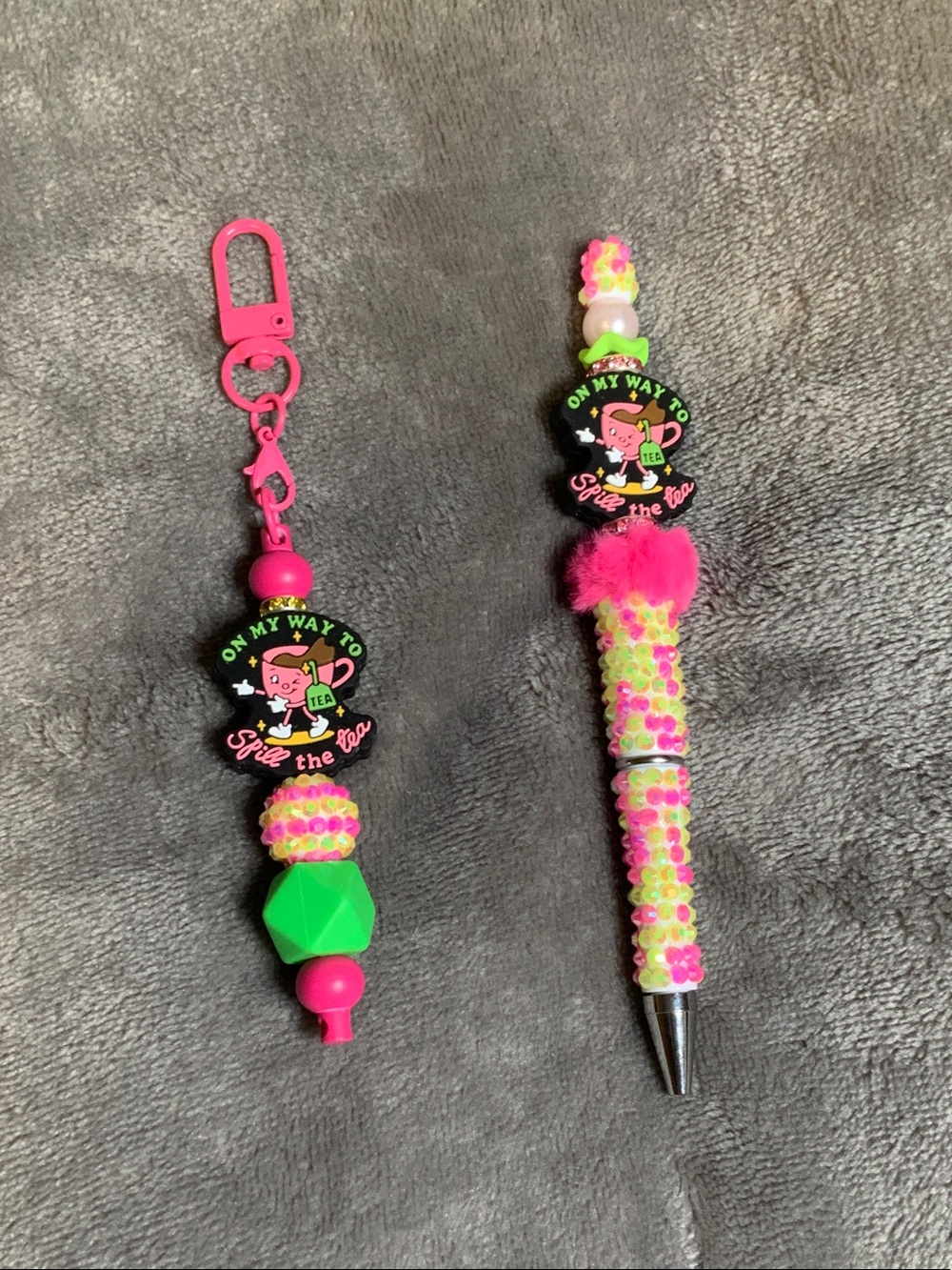 Neon Pink & Green Beaded Pen and Charm Set